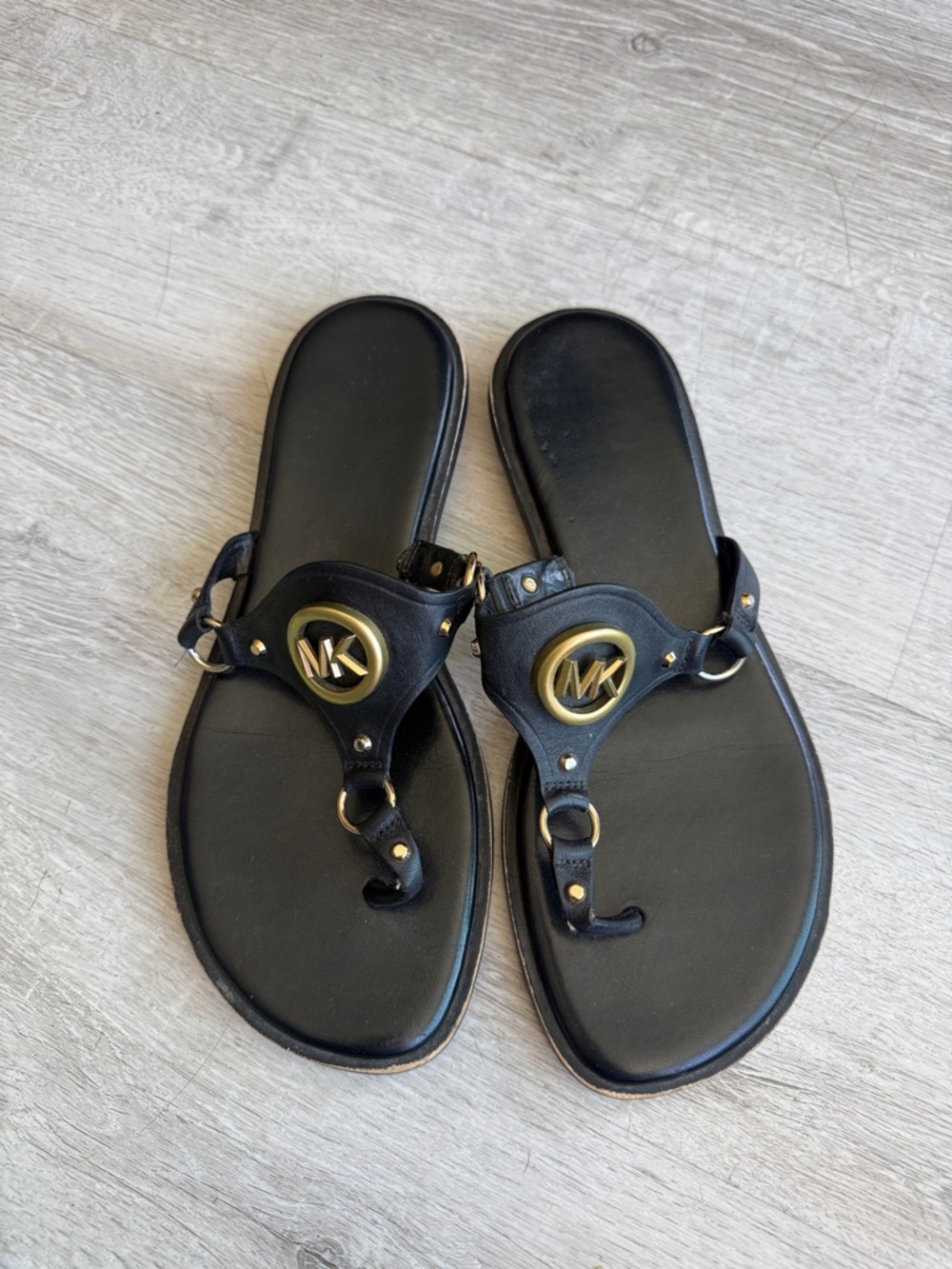 Michael Kors Black Leather Logo Toe-Ring Sandals with Gold Hardware